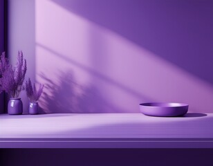 3d room studio with tabletop floor and wall with empty purple podium overlay of shadow from the window onto the tabletop bright violet kitchen mockup with countertop