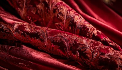 close up view of luxurious red velvet fabric showcasing intricate detailed patterns exuding elegance and classic style