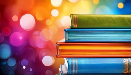 a vivid stack of colorful books against a bright abstract background