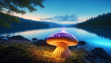 glowing mushroom by lake illuminated twilight nature scene