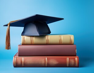 books with academic hat on light blue background the concept of learning studying and graduation