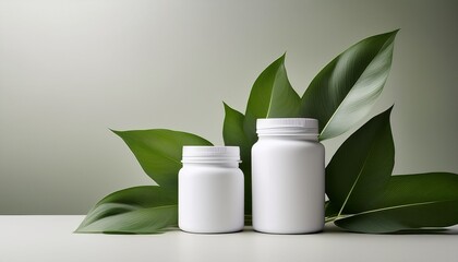 two white jars with green leaves on bright neutral backdrop