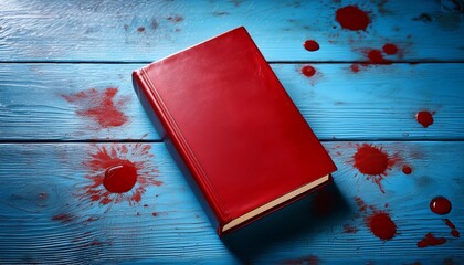 a closed red book rests on a blue wooden table with traces of blood nearby creating a mysterious and dramatic scene that evokes feelings of suspense and intrigue