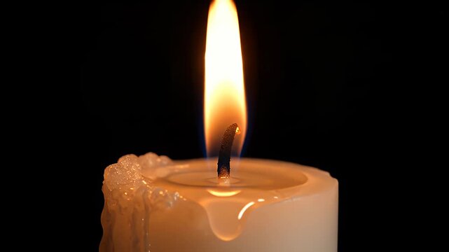 Candlelight Flame - A single white candle burns brightly against a black background. The warm glow of the flame illuminates the melting wax.