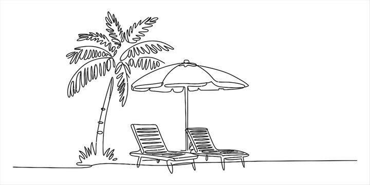 Continuous line drawing of a beach scene with palm tree and lounge chairs Vector, illustration