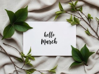 Handwritten Hello March Card With Green Leaves calligraphy 2