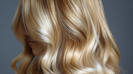 Luxurious blonde hair with soft waves and shiny highlights on a gray background with luxurious hair and hair care and beauty and fashion and long hair