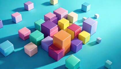 Fototapeta premium Colorful Cubes Composition - A Vibrant Arrangement of Geometric Shapes on Turquoise Surface.