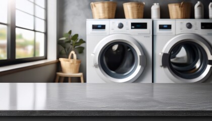 tabletop in the background of a laundry room with washing machines for product presentation empty countertop made of concrete in the interior of the room