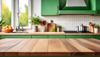 kitchen with an empty green countertop against a background of blurred interior tabletop made of wood as a mockup for a product