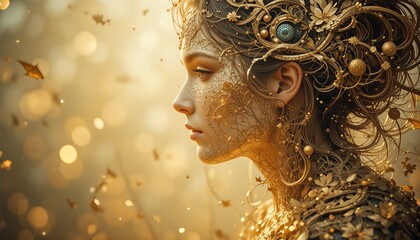 Golden fantasy portrait of a woman adorned with intricate floral ornaments and sparkling dust evoking a sense of ethereal beauty and magical enchantment for editorial or artistic use