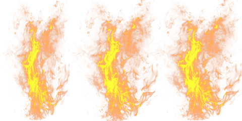 Three vertical flames burning brightly on a transparent background