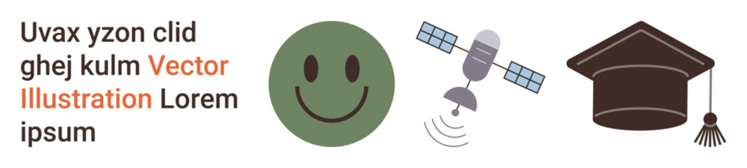 Fototapeta premium Education, science, connectivity, academic achievement, communication, positivity. A happy face, satellite and graduation cap are . Education and connectivity concept