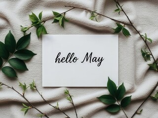 Handwritten Hello May Note With Green Leaves calligraphy