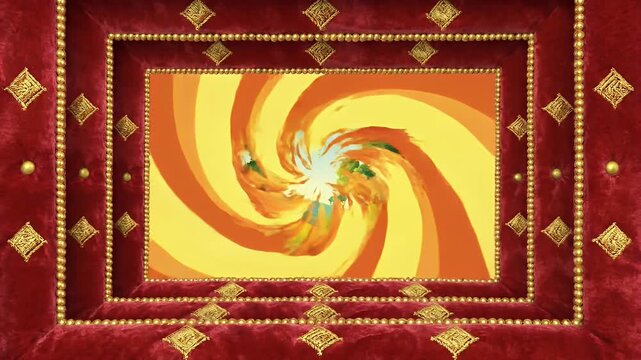 Ornate Red and Gold Tunnel with Swirling Vortex - This video shows a layered tunnel effect created by red and gold embellished frames, receding into the distance.