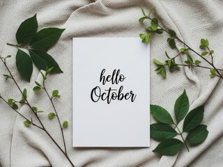 Handwritten Hello October Note With Green Leaves autumn greeting