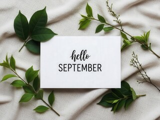 Handwritten Hello September Card With Green Leaves 1
