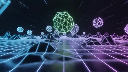 Vibrant neon grid landscape with glowing geometric shapes and abstract polyhedrons creating a futuristic digital metaverse environment perfect for technology and virtual reality concepts representing. - Powered by Adobe