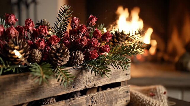 Cozy Winter Holiday Decor with Fireplace - This video showcases a rustic wooden box filled with pine cones, evergreen branches, and red flowers, creating a festive holiday decoration.