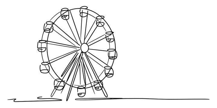 Black and white continuous line art illustration of a ferris wheel on a white background Vector, illustration
