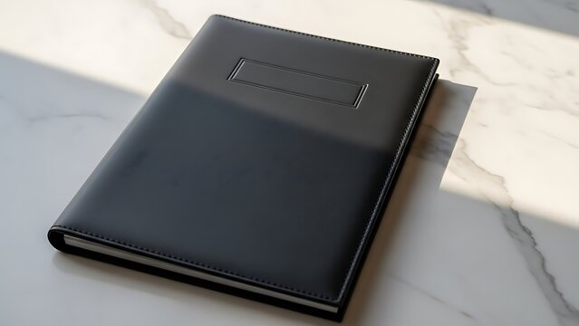 Restaurant logo mockup Black Leather Portfolio with Rectangular Embossed Label binder notebook