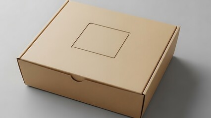 Naklejka premium Restaurant logo mockup Cardboard Box with Recessed Square Label on Gray Surface packaging shipping
