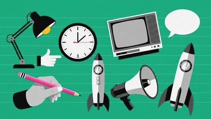 Obraz premium Creative startup launch elements desk lamp, clock, tv, megaphone, rockets, and hand gestures collage retro style
