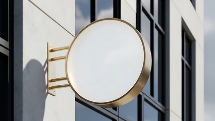 Restaurant logo mockup Circular blank sign with brass frame on a building facade round empty
