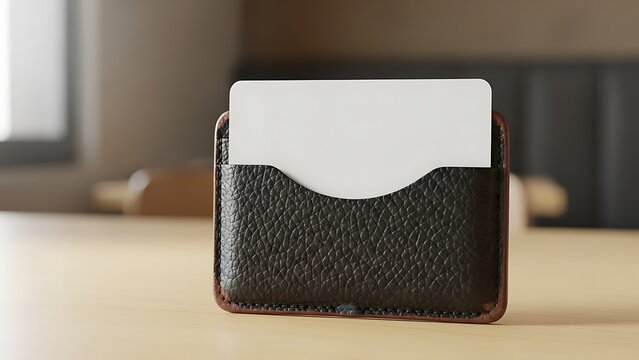 Restaurant logo mockup Brown leather card holder with a white blank card on a wooden desk wallet