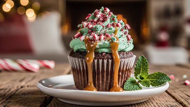 Festive Cupcake with Peppermint and Caramel Drizzle - A beautifully decorated cupcake sits on a white plate, featuring green frosting sprinkled with crushed peppermint candies.
