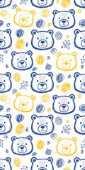 Obraz premium Seamless pattern with cute doodle bear faces. Vertical childish drawing with blue and yellow animals. Kids background for textile and wallpaper