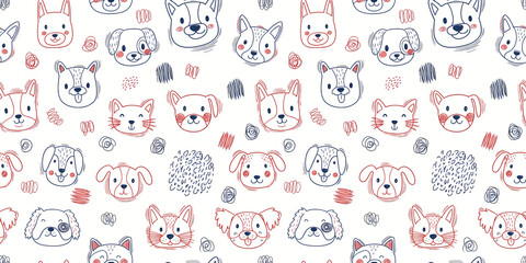 Obraz premium Seamless pattern with cute doodle dog and cat faces. Hand drawn pet illustration background for kids fabric or wallpaper