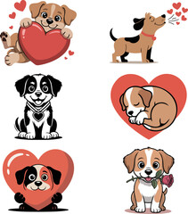 Obraz premium Cute Valentine Dogs Holding Hearts Sleeping and with Roses