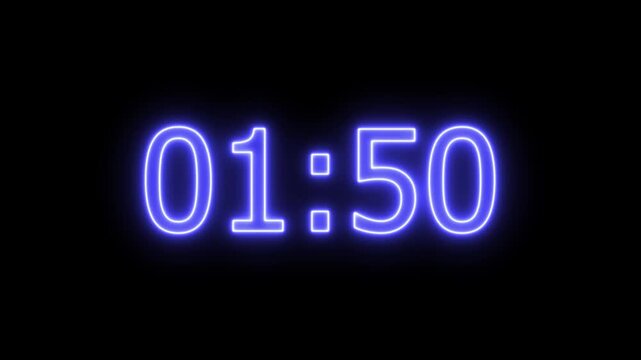 Neon 2-minute timer countdown animation, countdown timer one minute animation from 120s to 0s countdown Two-minute countdown timer animation on transparent background
