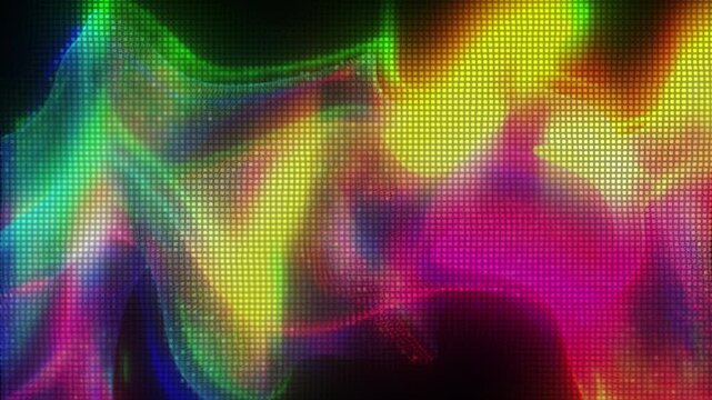 Abstract background with neon glowing colorful gradient LED light pulsating, waving and moving under squared surface. Laser show in neon ultraviolet dynamic colors. 