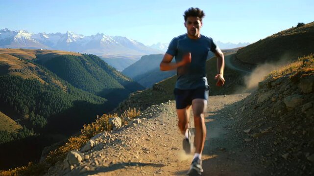 Athlete sprinting on rocky mountain ridge, Mountain trail athlete exerting effort during golden hour, Male athlete racing across rugged highaltitude terrain with panoramic views in background