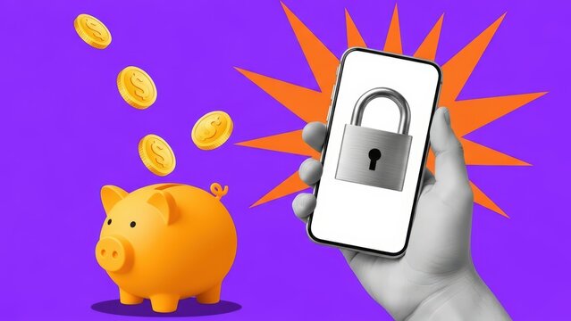 Retro halftone collage digital savings protection concept  Mobile banking securit