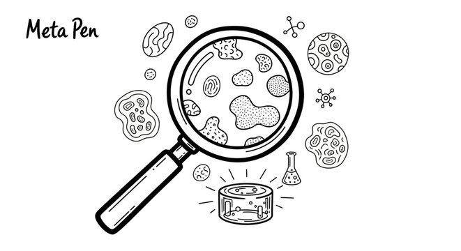 Magnifying Glass Examining Microorganisms and Cells.