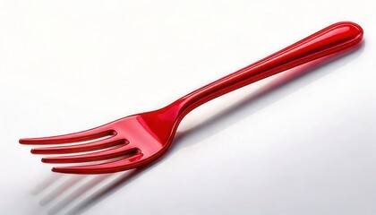 Close-up shot of a vibrant red plastic fork on a clean white surface, perfect for dining.