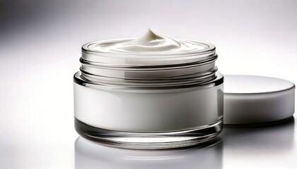 Close-up of a jar of white cream with the lid off, on a reflective surface.