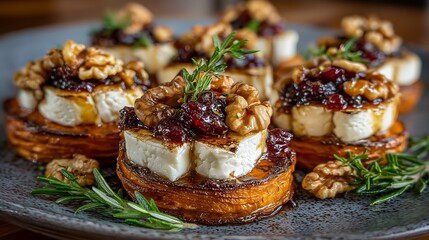 Gourmet appetizers with baked goat cheese, cranberries, walnuts, rosemary, and honey, perfect for entertaining
