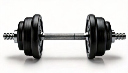 Black Dumbbell with Weight Plates on White Background for Fitness and Exercise.