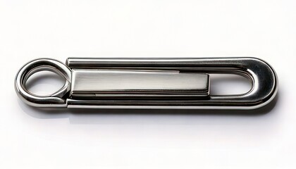 Close-up of a shiny metal carabiner clip isolated on a white background.