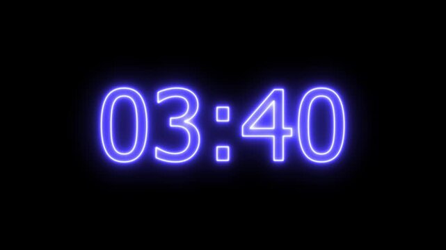 glowing neon 4-Minute Digital Countdown Timer (4:00 to 0:00) on black Background ,