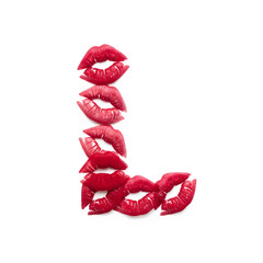 conceptual typography piece reveals a capital Letter "L" through clever negative space. The form emerges from the precise gaps between a cluster of vibrant red lipstick kiss marks on a stark whit