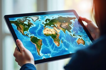 Exploring the World: Woman Using a Digital Tablet with Virtual Reality World Map