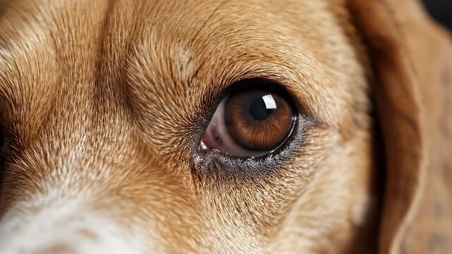 Beagle Eye Close-Up - A very close-up shot of a beagle's eye, revealing the intricate details of its iris and fur. The light reflects off the eye, creating a bright spot in the pupil.