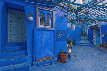 Stepped pedestrian passageway under pergola linking different levels of the medina, painted as is customary in shades of blue. Chefchaouen-Morocco-028