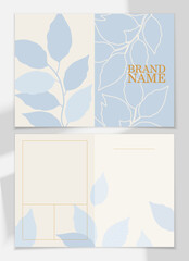 Design template with delicate blue plants. Postcard design. Branding template.