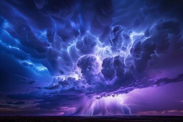 Powerful lightning bolts strike from dramatic purple clouds over a vast plain at night